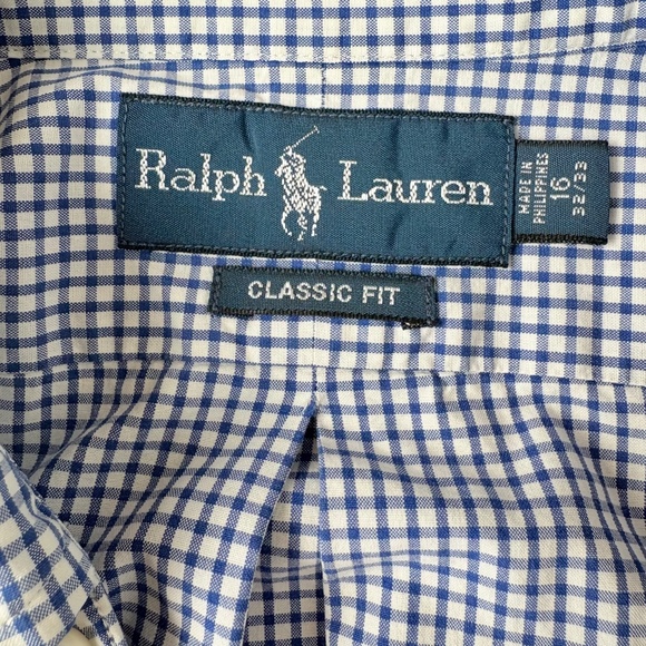 Vintage 90s Ralph Lauren Blue White Checked Preppy Classic Fit Shirt Sz 16 32/33 - Picture 7 of 9